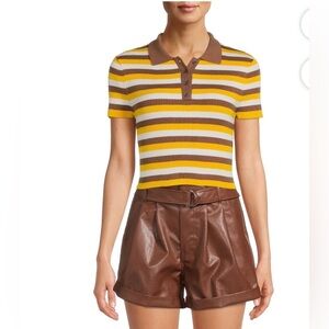 Madden NYC Short Sleeve Striped Polo Collar Cropped Top Size Large